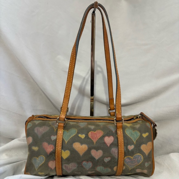 Dooney & Bourke Coated Canvas Heart Print Small Barrel Shoulder Bag Brown - Picture 6 of 14